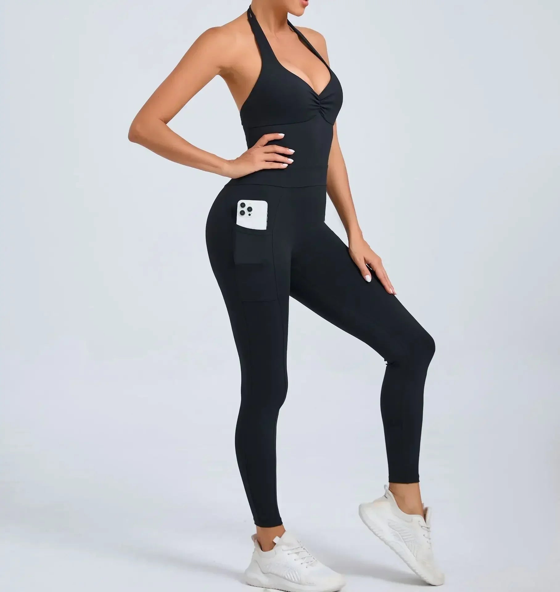 Fashion Sexy Sports Jumpsuit with Pocket Women Sportswear One Piece Gym Yoga Clothing Backless Scrunch Fitness Overalls Push Up