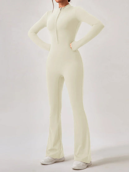 Yoga Jumpsuit Women's Sport Bodysuit Solid Color Zipper Long Sleeve Pants Bell-bottoms Sexy Slimming Fitness Wear 2025 New