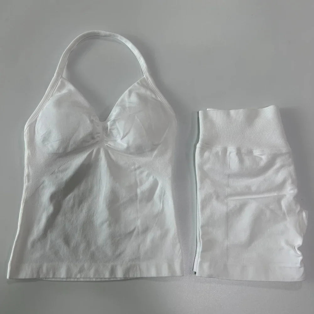 2 Pieces Impact Sports Set Workout Clothes Shorts Sets Impact Longline Strappy Top Seamless Scrunch Shorts Yoga Clothing Gym Set