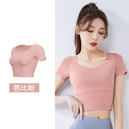 Fashion Yoga Clothing Short Yoga Top Stretch with Chest Pad Sports Tights Nude Yoga Short Sleeve