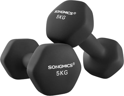 SONGMICS Dumbbells Set of 2 2 x 5kg Dumbbells Set Dumbbells Hexagon Neoprene Coating Strength Training Workout Fitness