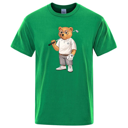 Gentleman Ted Bear Playing Golf Men T Shirts Summer Cotton Sweat T-Shirts Breathable Loose Clothes Hip Hop Street Short Sleeve