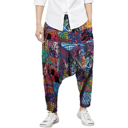 Men's Bohemian Harem Pants Unique Patchwork Print Soft Breathable Material Elastic Waist Casual Looks Beach Trips Yoga Clothing