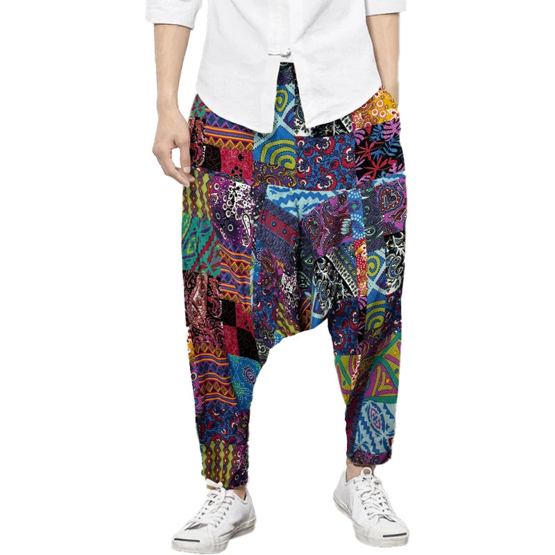 Men's Bohemian Harem Pants Unique Patchwork Print Soft Breathable Material Elastic Waist Casual Looks Beach Trips Yoga Clothing