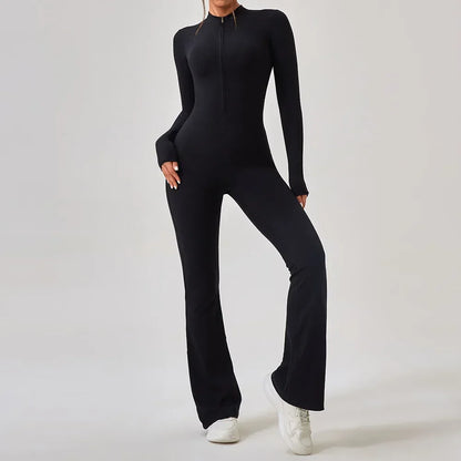 Yoga Jumpsuit Women's Sport Bodysuit Solid Color Zipper Long Sleeve Pants Bell-bottoms Sexy Slimming Fitness Wear 2025 New