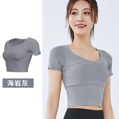 Fashion Yoga Clothing Short Yoga Top Stretch with Chest Pad Sports Tights Nude Yoga Short Sleeve