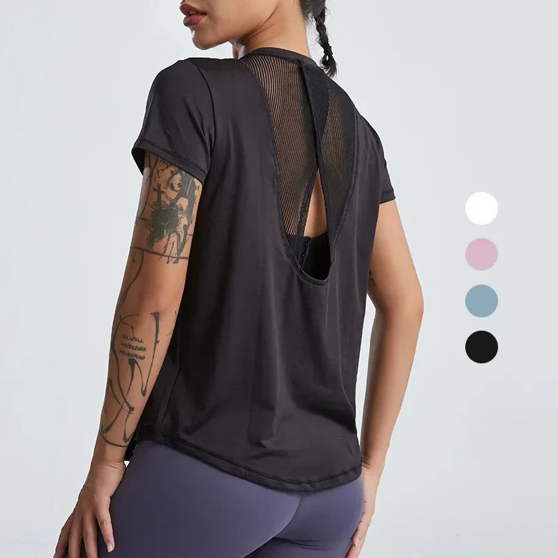 Loose Yoga Clothes Tops Short-Sleeved Running Quick-Drying Clothes T-Shirts Short Sports Hollow Fitness Clothes Women's