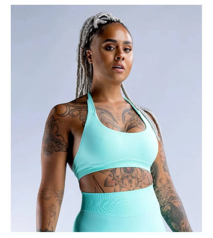Sports Bra  Seamless Halter Neck Strap Bra Open Back Fitness Yoga Top Bras Support Women Workout Gym Crop Top