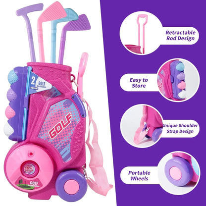 Pink Golf Toy Set with 12 Balls, Portable Golf Cart, Unique Shoulder Strap - Indoor Outdoor Sports Toy, Christmas, Thanksgiving