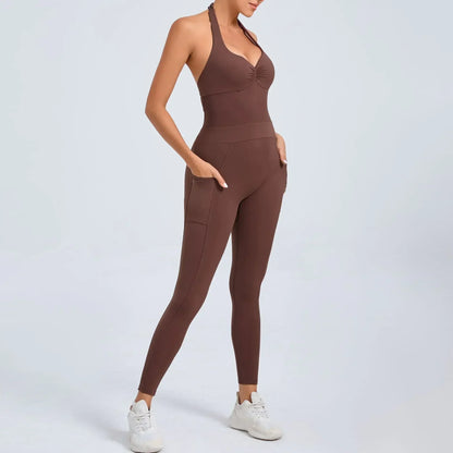 Fashion Sexy Sports Jumpsuit with Pocket Women Sportswear One Piece Gym Yoga Clothing Backless Scrunch Fitness Overalls Push Up