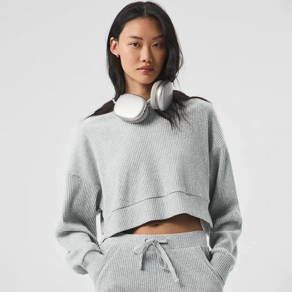 AL Yoga Set Muse Hoodie Jogger Style Loose Comfortable Short Hooded Sweatshirt Women's Sweatpant Threaded Split Fitness Set