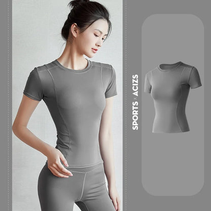 2024 Women's Sports Fitness Clothing Slim Running Sweat Absorbing Skinny Yoga Clothes Quick Drying Clothes Short Sleeved T-shirt