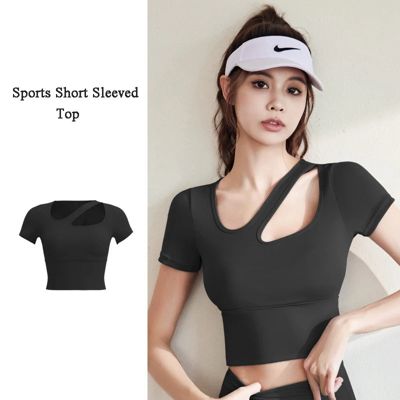 Yoga Shirts Women Diagonal Shoulder Hollow Out Sports Tees Short Sleeve T-Shirt With Padded Fitness Sportswear Workout Gym Tops