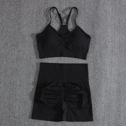 Solid Women Two Piece Sets Peach Buttocks Shorts Female Trackuists Gym Set Halter Fitness Shorts Push Up Bra Summer