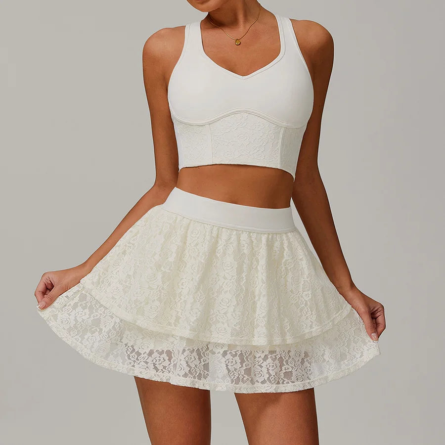 Yoga Set Workout Outfits Fitness Gym Tracksuit Lace nude yoga suit Mesh breathable running anti-slip tennis dress sports suit