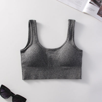 Ribbed Solid Sports Bra Medium Support Square Neck Seamless Knit Padded Push Up Fitness Bra Women's Activewear Summer Outerwear