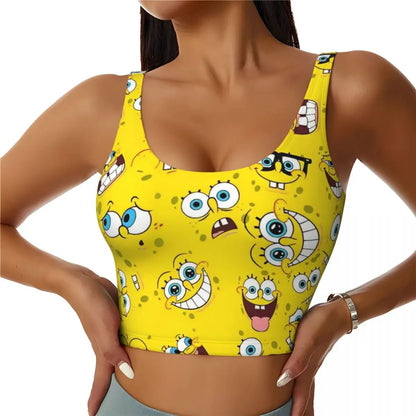 SpongeBobed Anime Cartoon Womens' Sports Bra Longline Wirefree Padded with Medium Support Yoga Sport Bras With Removable Cups