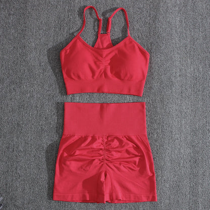 Solid Women Two Piece Sets Peach Buttocks Shorts Female Trackuists Gym Set Halter Fitness Shorts Push Up Bra Summer