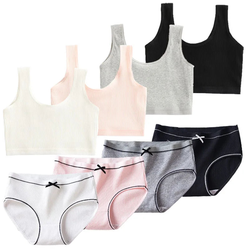 1/4 Sets Wireless Girl's Sports Bra Underwear Sets Cotton Breathable Sweat-Wicking Kids Brassiere and Girls Panties Lingerie Set