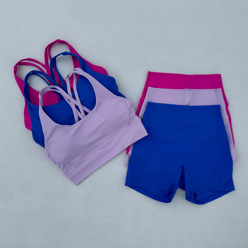 Yoga Clothes Set 2 Piece Gym Sports Shorts Set Women Cross Back Bra Top High Waist Shorts Fitness Suit Running Workout Tracksuit