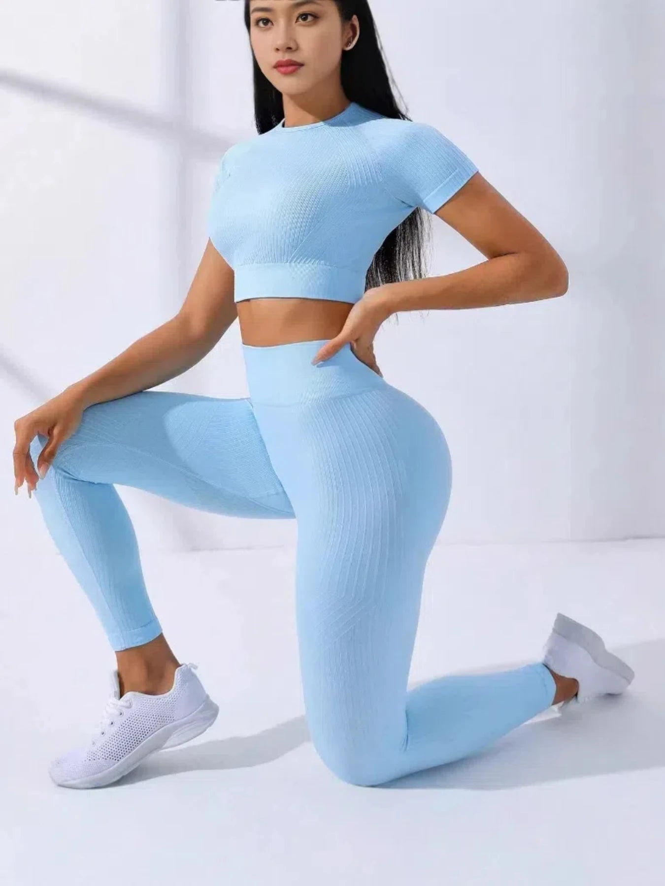 Yoga Set 2 Pieces Women Tracksuits Workout Sportswear Gym Clothing Fitness Short Sleeves Long Leggings Suits
