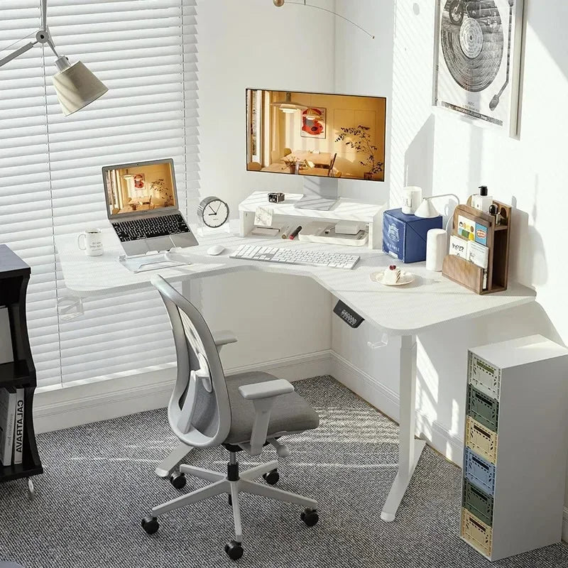 Electric L Shaped Standing Desk, Height Adjustable, Single Motor Corner Sit Stand Up Desk with Splice Board, White/Black