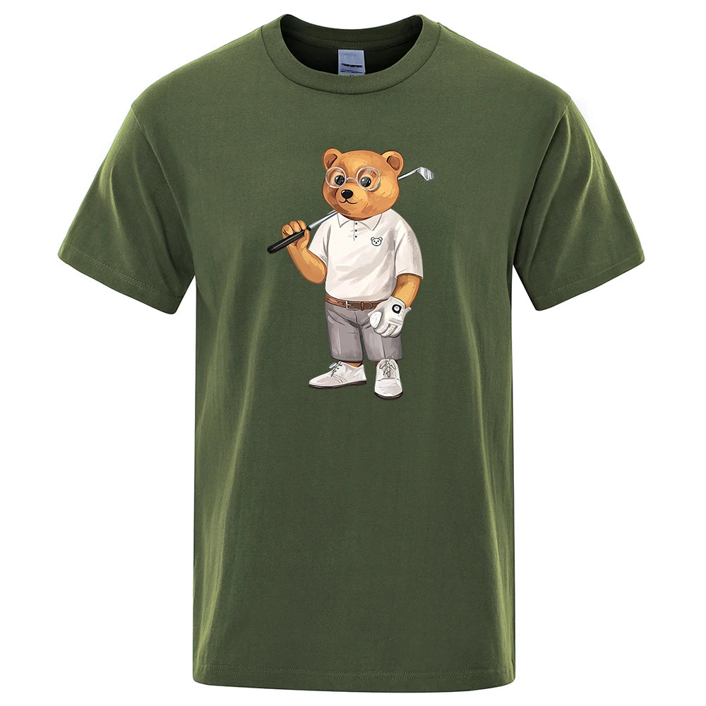 Gentleman Ted Bear Playing Golf Men T Shirts Summer Cotton Sweat T-Shirts Breathable Loose Clothes Hip Hop Street Short Sleeve