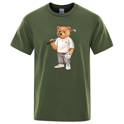 Gentleman Ted Bear Playing Golf Men T Shirts Summer Cotton Sweat T-Shirts Breathable Loose Clothes Hip Hop Street Short Sleeve
