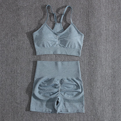 Solid Women Two Piece Sets Peach Buttocks Shorts Female Trackuists Gym Set Halter Fitness Shorts Push Up Bra Summer