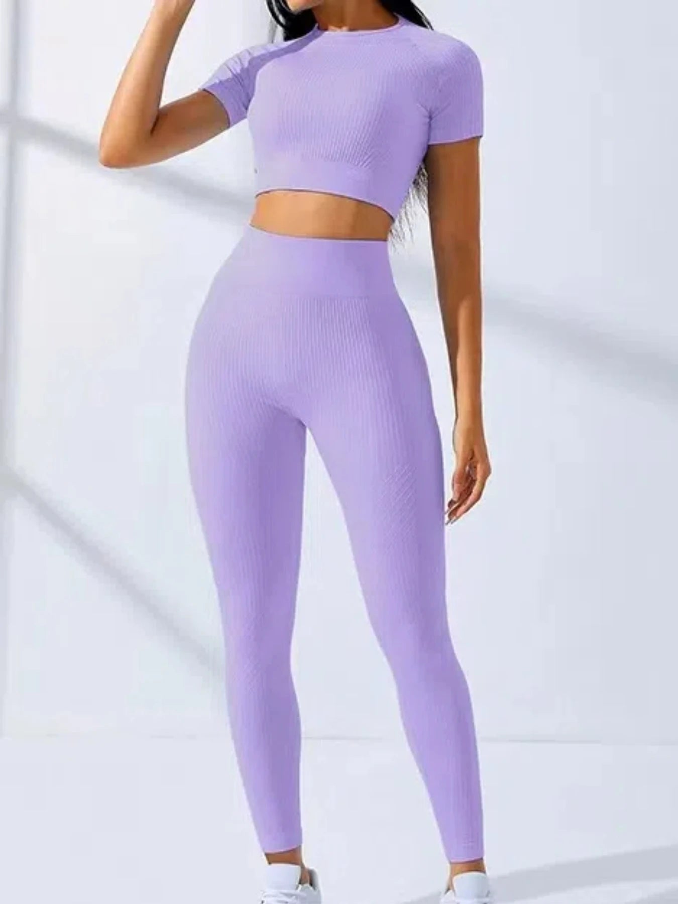 Yoga Set 2 Pieces Women Tracksuits Workout Sportswear Gym Clothing Fitness Short Sleeves Long Leggings Suits