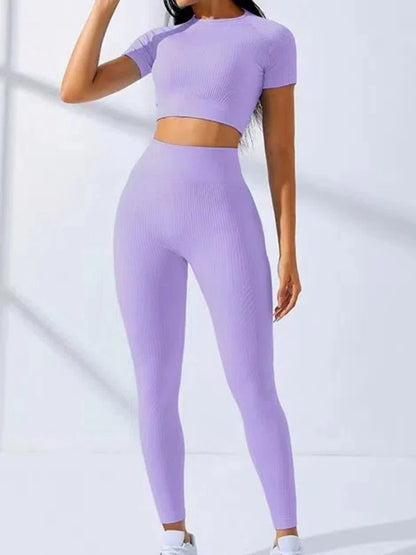 Yoga Set 2 Pieces Women Tracksuits Workout Sportswear Gym Clothing Fitness Short Sleeves Long Leggings Suits