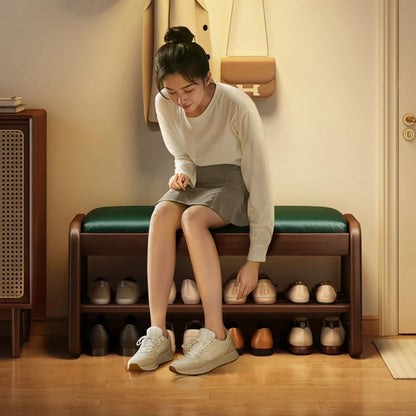 Solid Wood Shoe Bench Breathable Living Room Entryway Thickly Padded Shoe Changing Stool Anti-Collapse Hallway Storage Stools