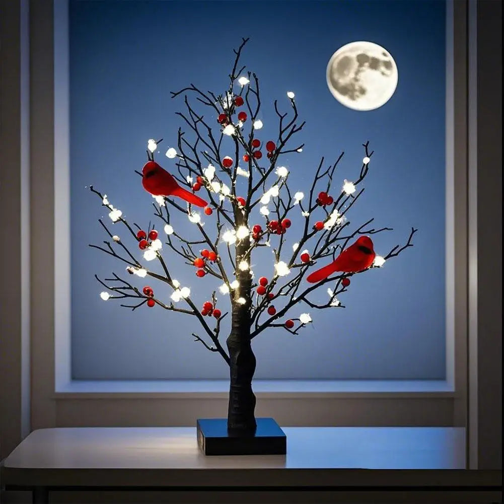Lighted Mini Birch Tree Light LED Cardinals Christmas Tree Vintage Glowing Tree Light for Table Home Xmas Decoration Ornament