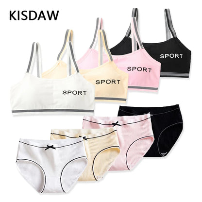 1/4 Sets Wireless Girl's Sports Bra Underwear Sets Cotton Breathable Sweat-Wicking Kids Brassiere and Girls Panties Lingerie Set