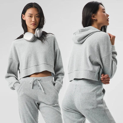 AL Yoga Set Muse Hoodie Jogger Style Loose Comfortable Short Hooded Sweatshirt Women's Sweatpant Threaded Split Fitness Set