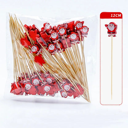 Christmas Party Disposable Decoration Bamboo Stick Christmas Santa Snowman Elk Angel Bamboo Skewer Fruit Dessert Food Toothpicks