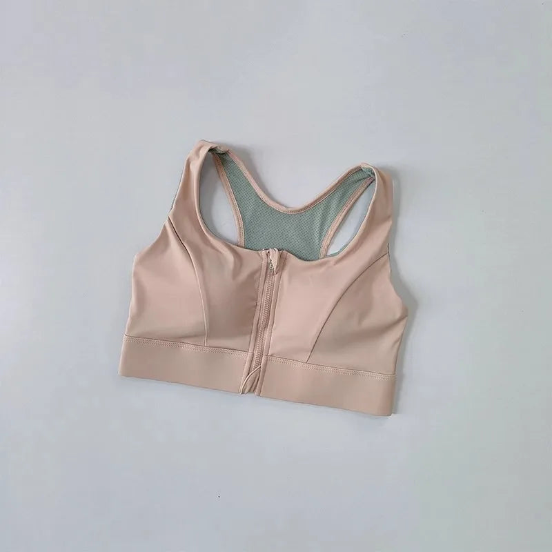 Large Size Women's Sports Fitness Bra Shock-Absorbing Gathered Front Zipper Design No Buckle Needed for Comfortable Fit