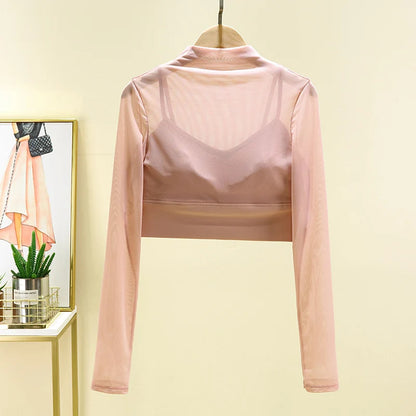 High End Yoga Clothing T-shirt with Chest Cushion and Mesh Sexy and Slimming Yoga Long Sleeved Top Fashion Sports Fitness Top