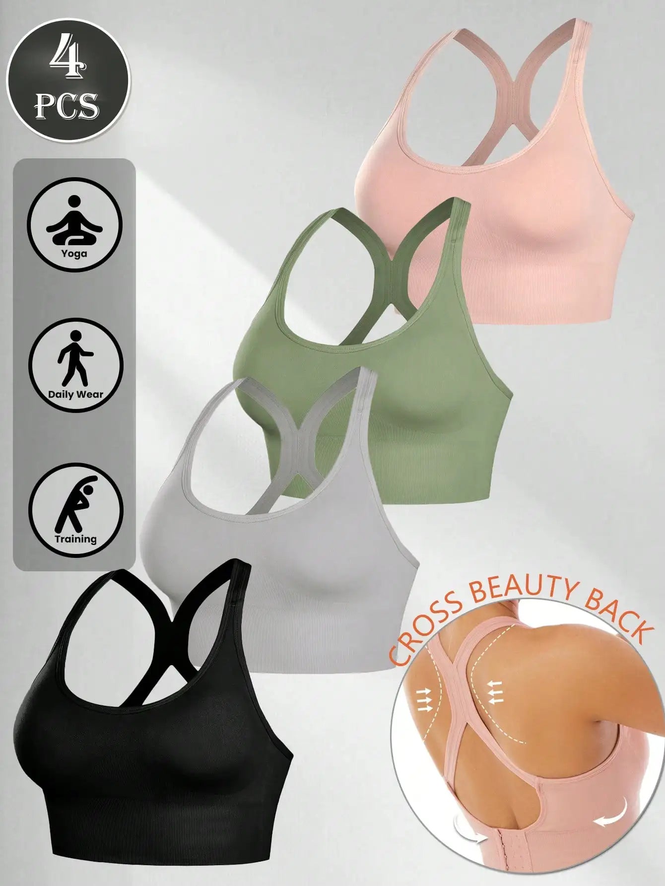 4 PCS Sports Bra for Women Seamless Summer Bras Crisscross Double Back Hooks Adjustable High Impact Sports Bras Shockproof