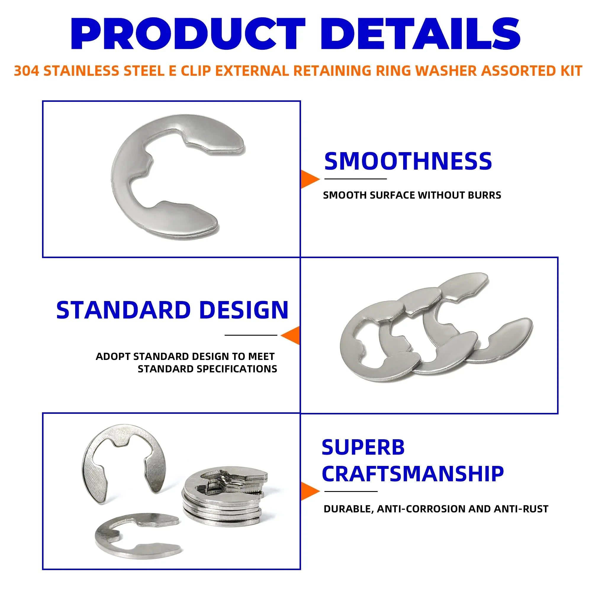 200pcs E Circlip Shaft External Retaining Ring Clip Washer 10 Size Stainless Steel Carbon Steel Circlip Washer for Shaft Fastene