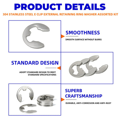200pcs E Circlip Shaft External Retaining Ring Clip Washer 10 Size Stainless Steel Carbon Steel Circlip Washer for Shaft Fastene