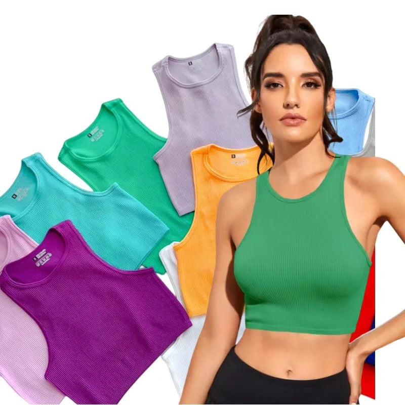 Yoga Vest Women Gym Sports Black White Crop Tops Seamless Streetwear Rib Knit Workout BreathableTank Top Female Without Pads
