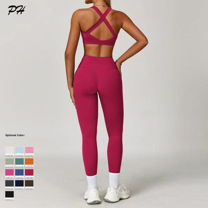 2Pcs Yoga Sets Nude Workout Clothes Women's Tracksuit Sportswear Gym Clothing High Waist Tight Sports Pants Cross Back Bras Suit