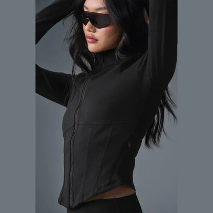 AL Women's Workout Top Airbrush Corset Full Zip Jacket Running Fitness Top Slim Fit Yoga Sports Zipper Comfortable Top Black