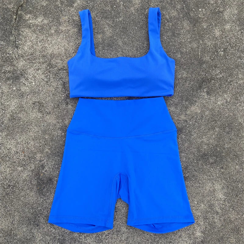 Yoga Shorts Set Gym Sports Set Women Clothes 2 Piece Fitness Suit Sports Bra Top High Waist Short Legging Running Tracksuit