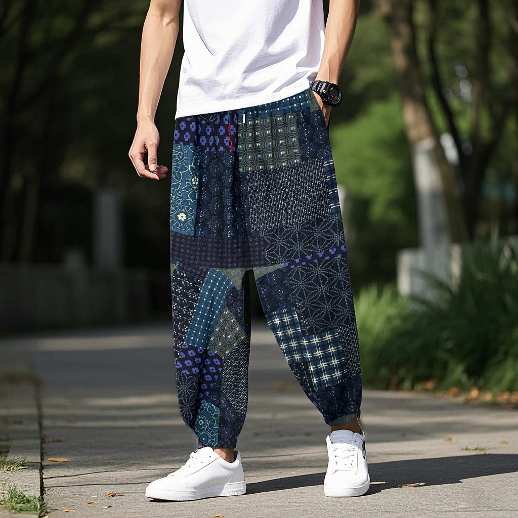 Men's Bohemian Harem Pants Unique Patchwork Print Soft Breathable Material Elastic Waist Casual Looks Beach Trips Yoga Clothing