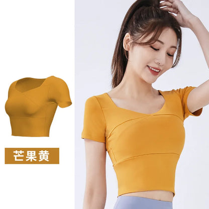 Fashion Yoga Clothing Short Yoga Top Stretch with Chest Pad Sports Tights Nude Yoga Short Sleeve