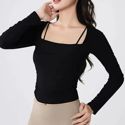 Women's sports yoga suit, mesh fake two-piece yoga sports top fitness suit