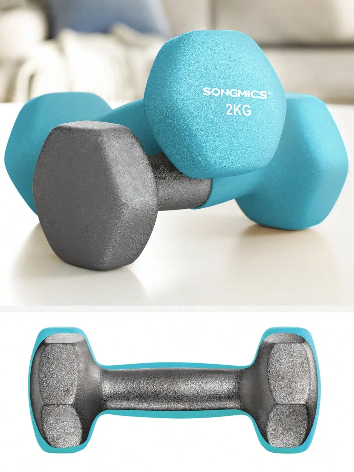 SONGMICS Dumbbell Set, dumbbells, Hexagon, with Dumbbell stand, 2x1 kg, 2x2 kg, 2x3 kg, lime green, aquamarine, Gray