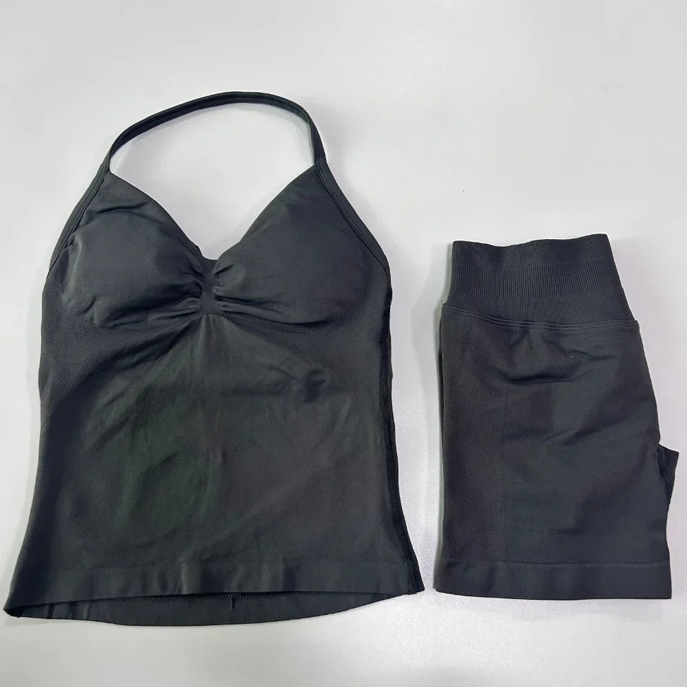 2 Pieces Impact Sports Set Workout Clothes Shorts Sets Impact Longline Strappy Top Seamless Scrunch Shorts Yoga Clothing Gym Set